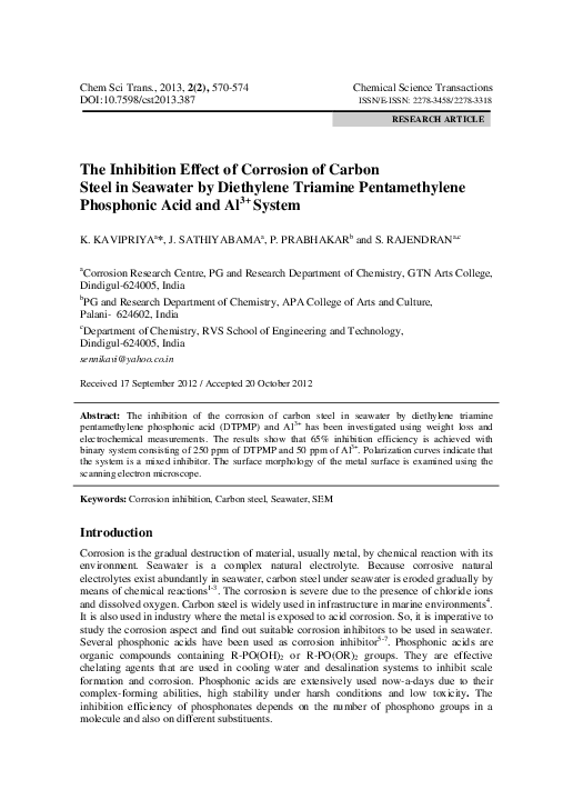(PDF) The Inhibition Effect of Corrosion of Carbon Steel in Seawater by ...