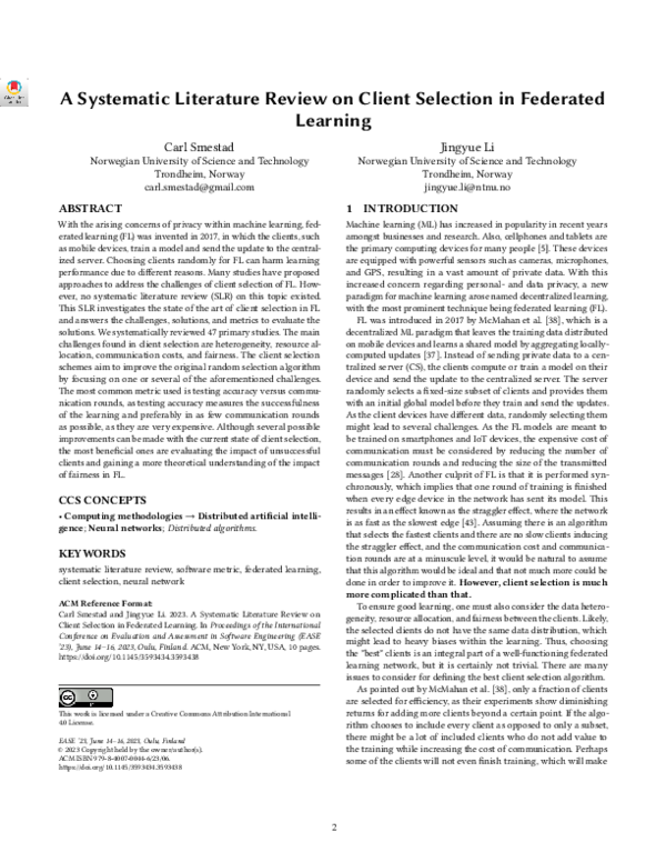 (PDF) A Systematic Literature Review on Client Selection in Federated ...