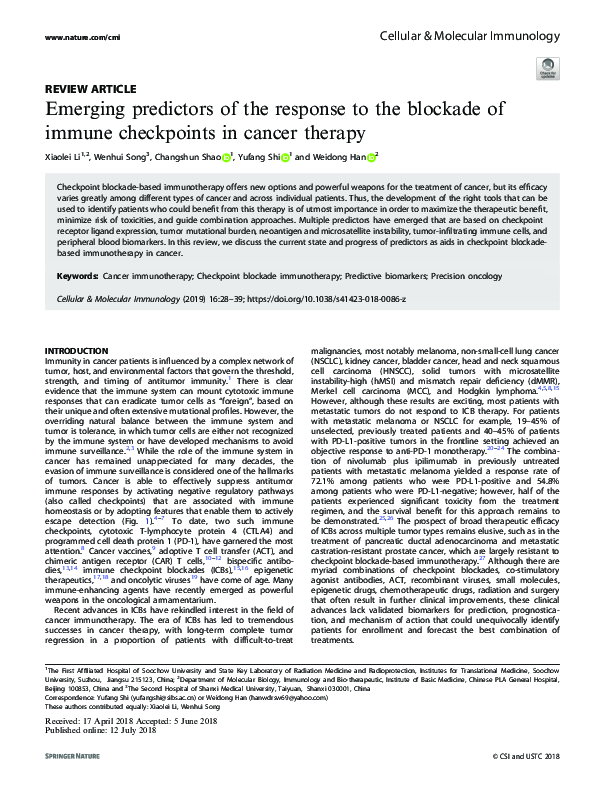 (PDF) Emerging predictors of the response to the blockade of immune ...