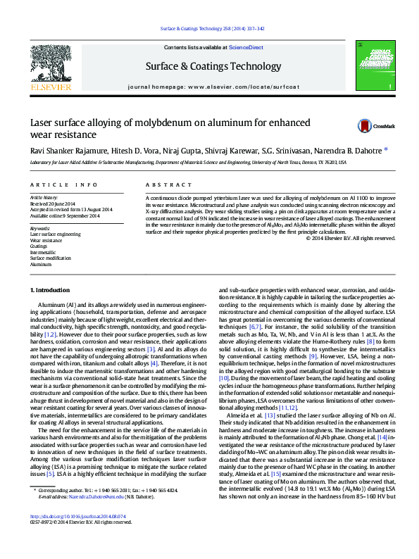 (PDF) Laser surface alloying of molybdenum on aluminum for enhanced ...
