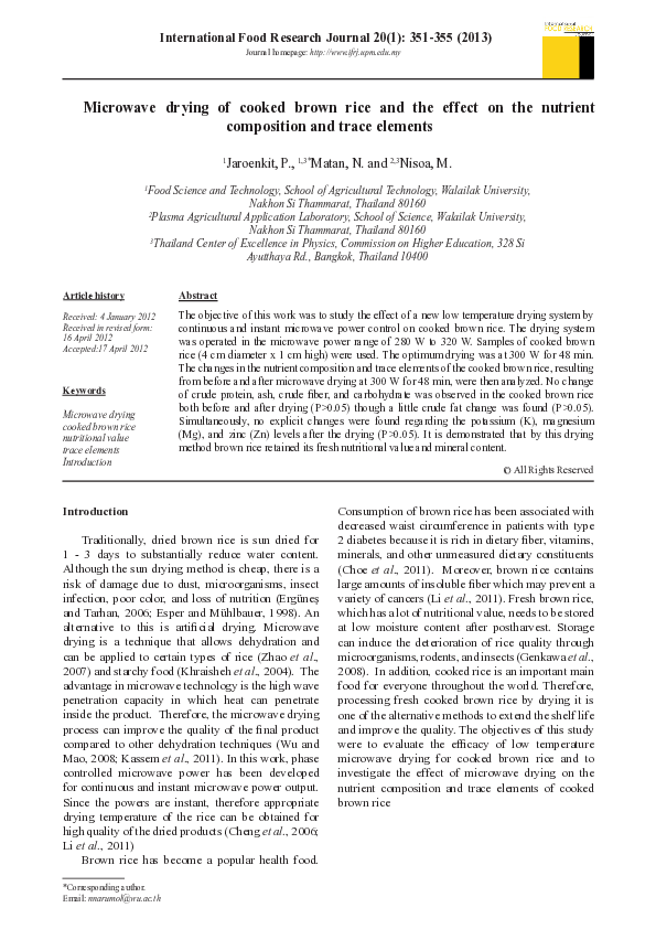 (PDF) Microwave drying of cooked brown rice and the effect on the ...