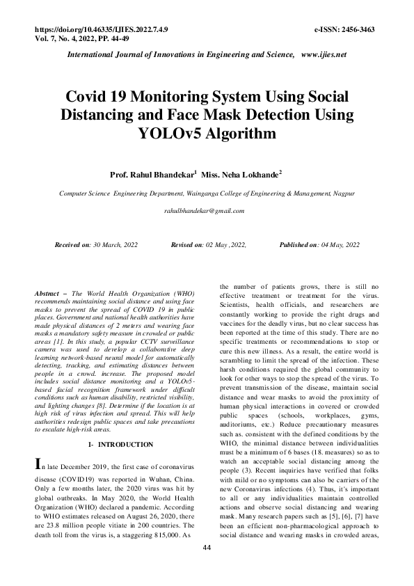 (PDF) Covid 19 Monitoring System Using Social Distancing and Face Mask