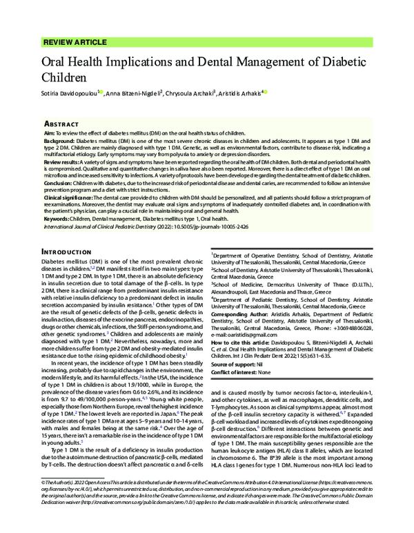 (PDF) Oral Health Implications and Dental Management of Diabetic Children