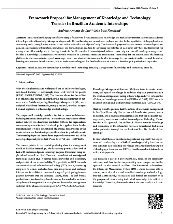 (PDF) Framework Proposal for Management of Knowledge and Technology ...