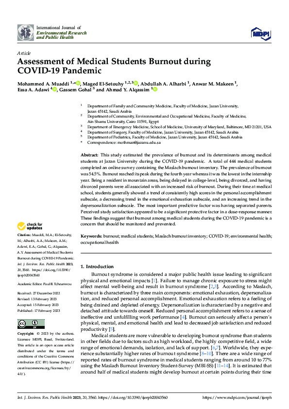 (PDF) Assessment of Medical Students Burnout during COVID-19 Pandemic