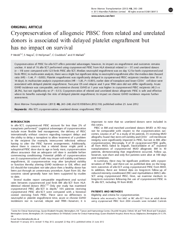 (PDF) Cryopreservation of allogeneic PBSC from related and unrelated ...