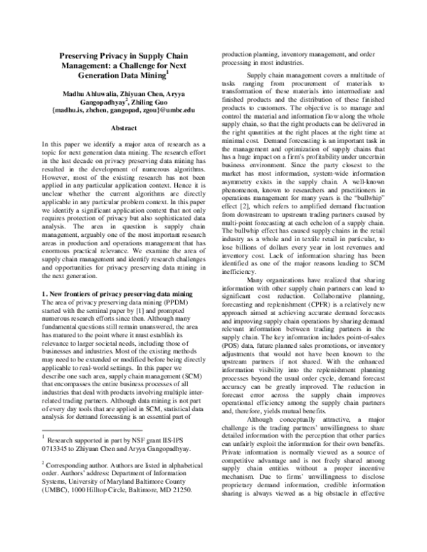 (PDF) Preserving Privacy in Supply Chain Management: a Challenge for ...