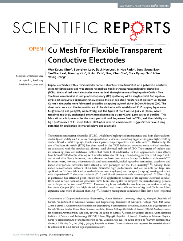 (PDF) Cu mesh for flexible transparent conductive electrodes