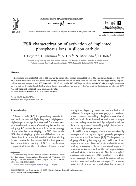 (PDF) ESR characterization of activation of implanted phosphorus ions ...