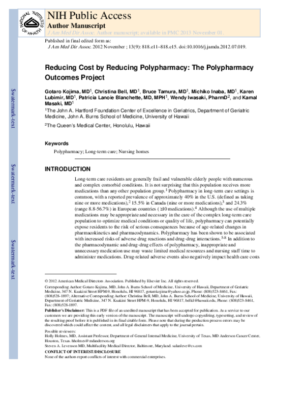 (PDF) Reducing Cost by Reducing Polypharmacy: The Polypharmacy Outcomes ...