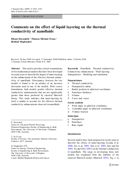 (PDF) Comments on the effect of liquid layering on the thermal ...