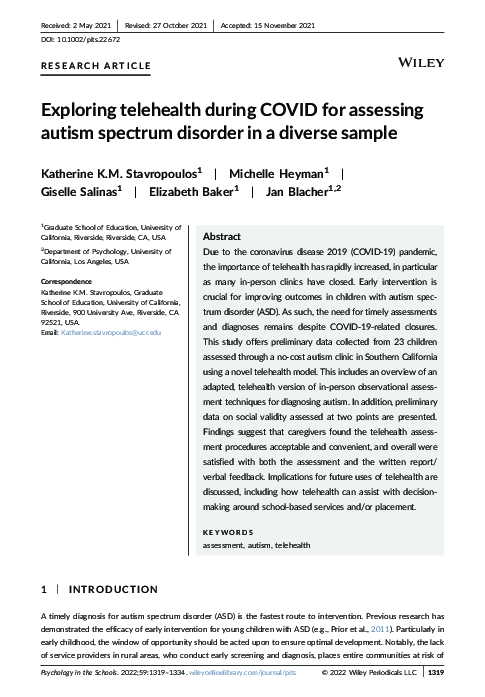 (PDF) Exploring telehealth during COVID for assessing autism spectrum ...
