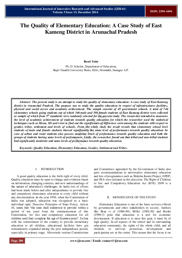 (PDF) The Quality of Elementary Education: A Case Study of East Kameng ...