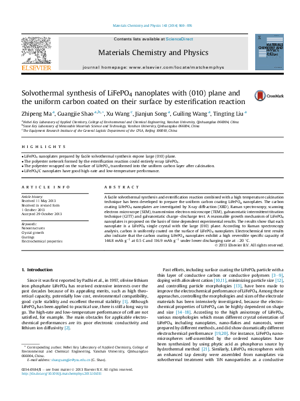 (PDF) Solvothermal synthesis of LiFePO4 nanoplates with (010) plane and ...