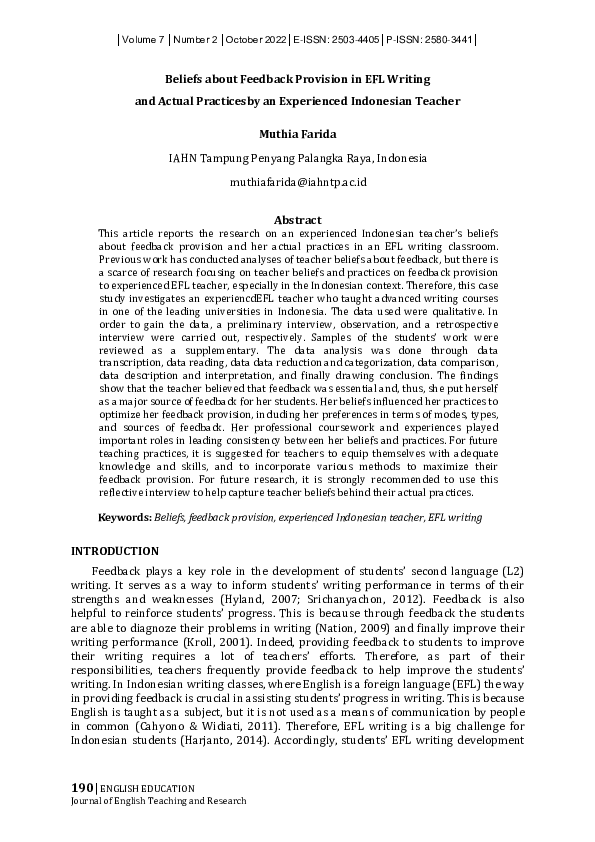 (PDF) Beliefs about Feedback Provision in EFL Writing and the Actual ...