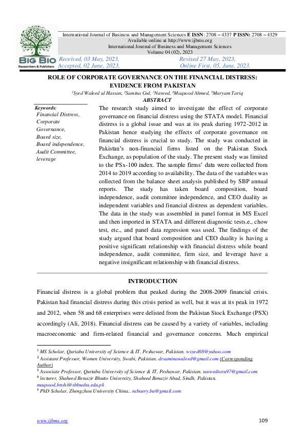 (PDF) ROLE OF CORPORATE GOVERNANCE ON THE FINANCIAL DISTRESS: EVIDENCE ...