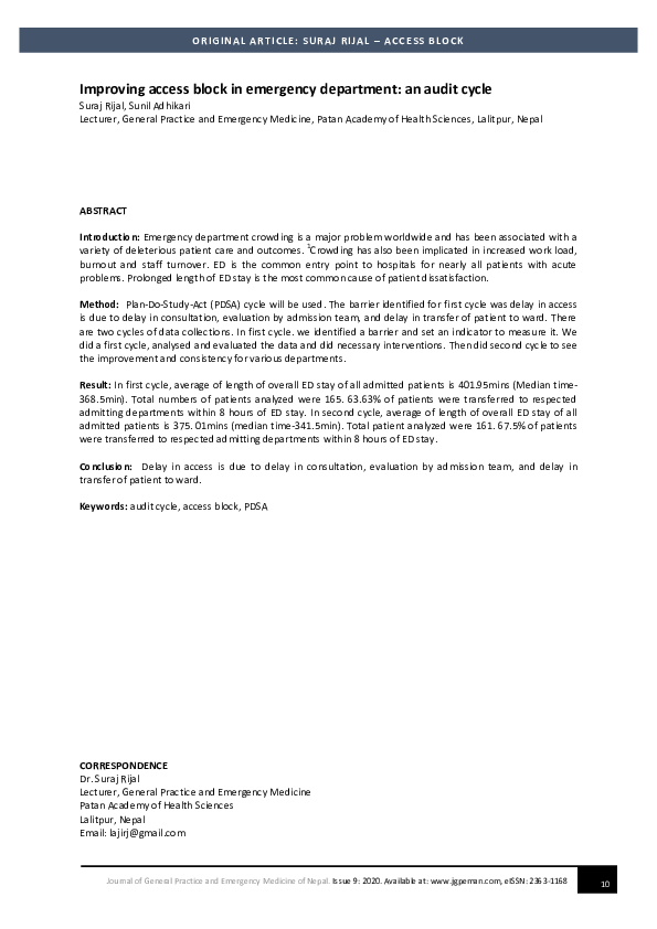 (PDF) Improving access block in emergency department: An audit cycle