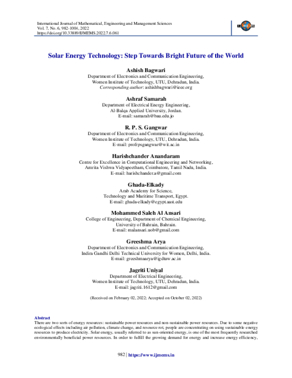 (PDF) Solar Energy Technology: Step Towards Bright Future of the World