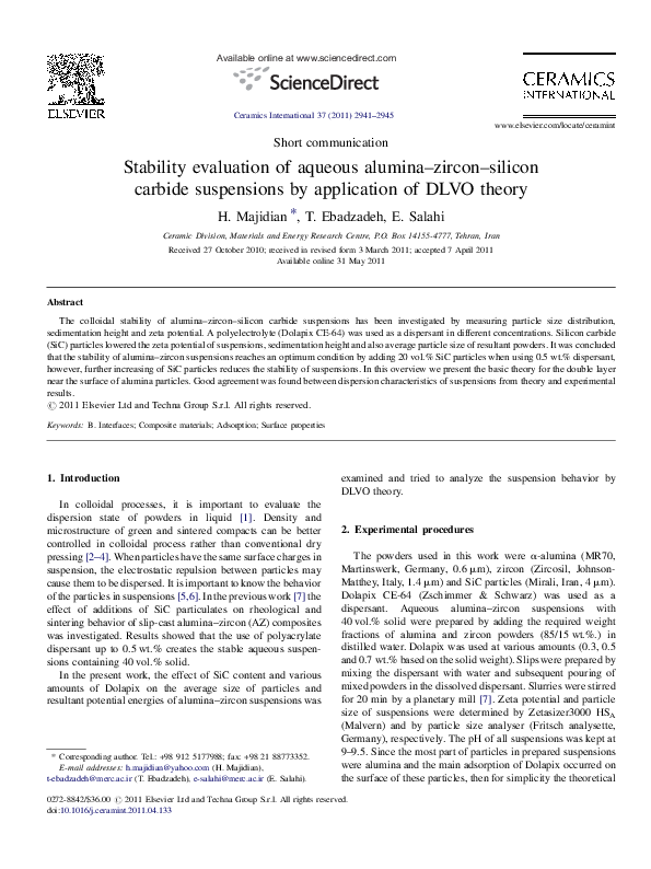 (PDF) Stability evaluation of aqueous aluminazirconsilicon carbide