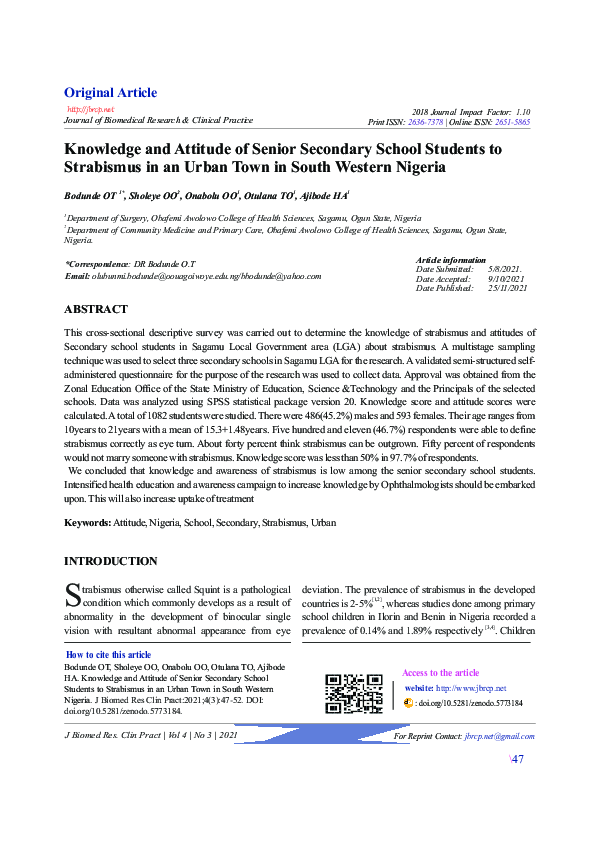(PDF) Knowledge and Attitude of Senior Secondary School Students to ...