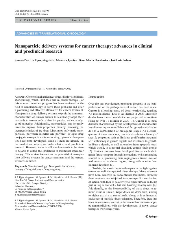 (PDF) Nanoparticle delivery systems for cancer therapy: advances in ...