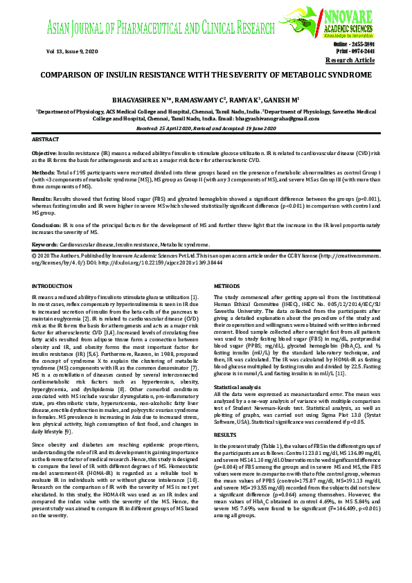 (PDF) COMPARISON OF INSULIN RESISTANCE WITH THE SEVERITY OF METABOLIC ...