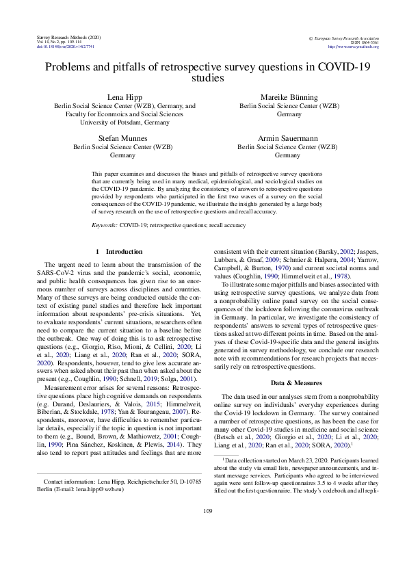 (PDF) Problems and pitfalls of retrospective survey questions in COVID ...
