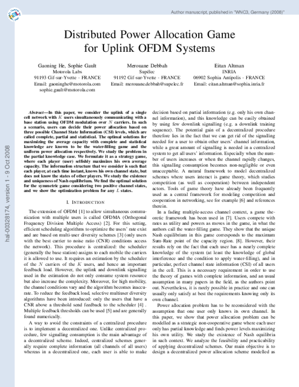 (PDF) Distributed Power Allocation Game for Uplink OFDM Systems
