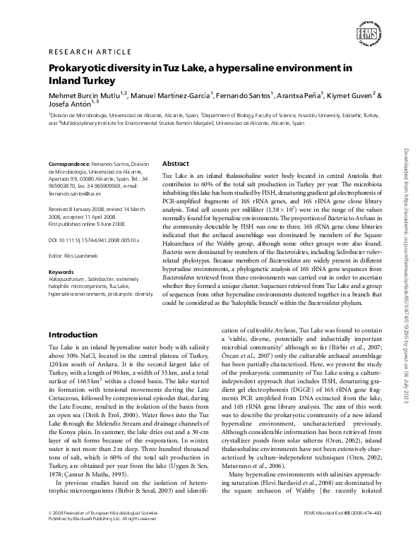 (PDF) Prokaryotic diversity in Tuz Lake, a hypersaline environment in ...