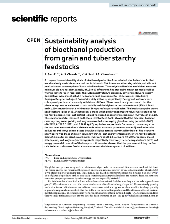 (PDF) Sustainability Analysis of Bioethanol Production From Grain and ...