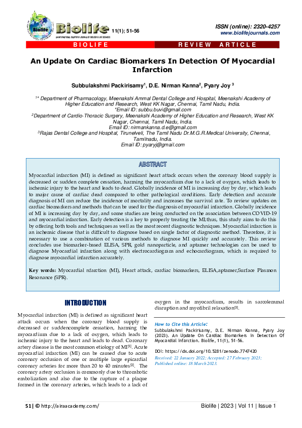 (PDF) An Update On Cardiac Biomarkers In Detection Of Myocardial Infarction