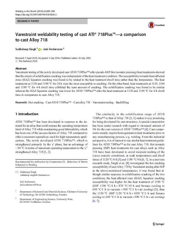 (PDF) Varestraint weldability testing of cast ATI® 718Plus™—a ...