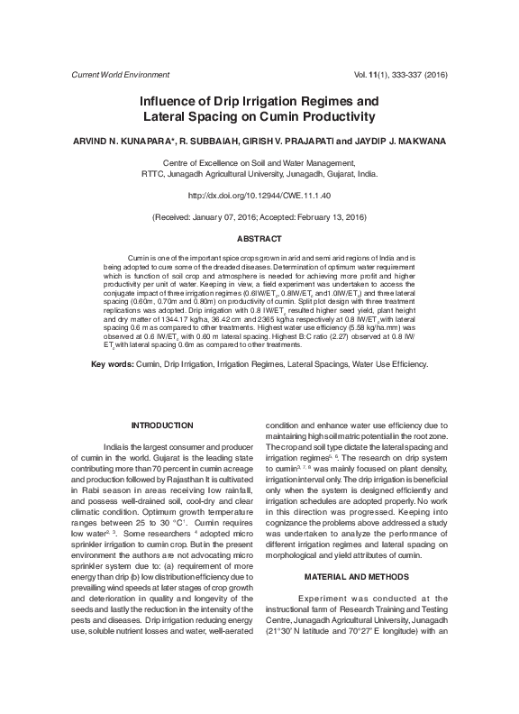 (PDF) Influence of Drip Irrigation Regimes and Lateral Spacing on Cumin ...