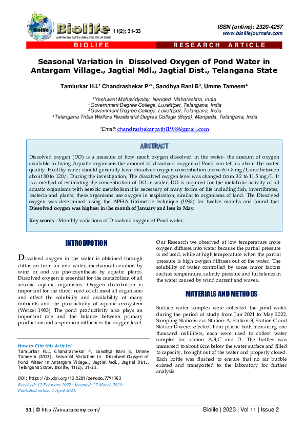 (PDF) Seasonal Variation in Dissolved Oxygen of Pond Water in Antargam ...