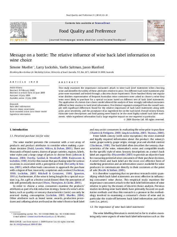 (PDF) Message on a bottle: The relative influence of wine back label ...
