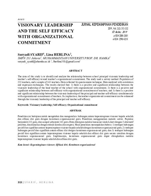 (PDF) Visionary Leadership and the Self Efficacy with Organizational ...