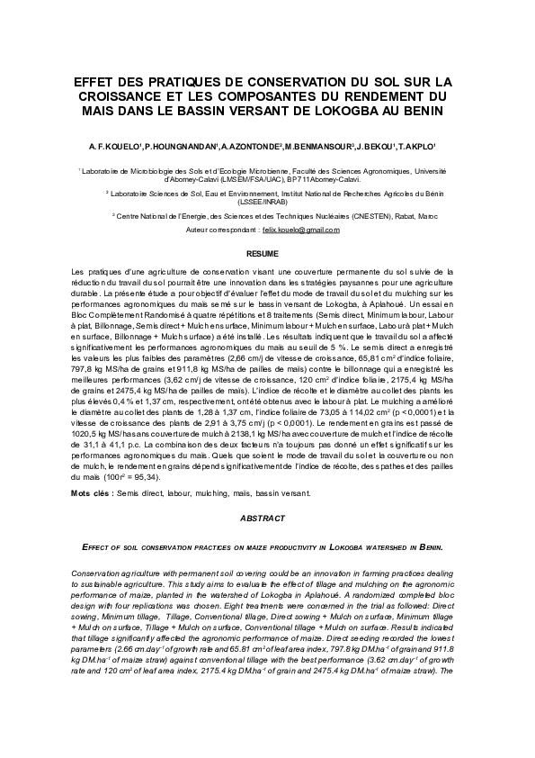 (PDF) Effet des pratiques de conservation du sol sur la croissance et ...