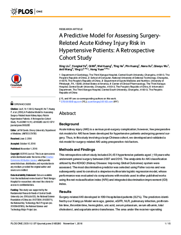(PDF) A Predictive Model for Assessing Surgery-Related Acute Kidney ...
