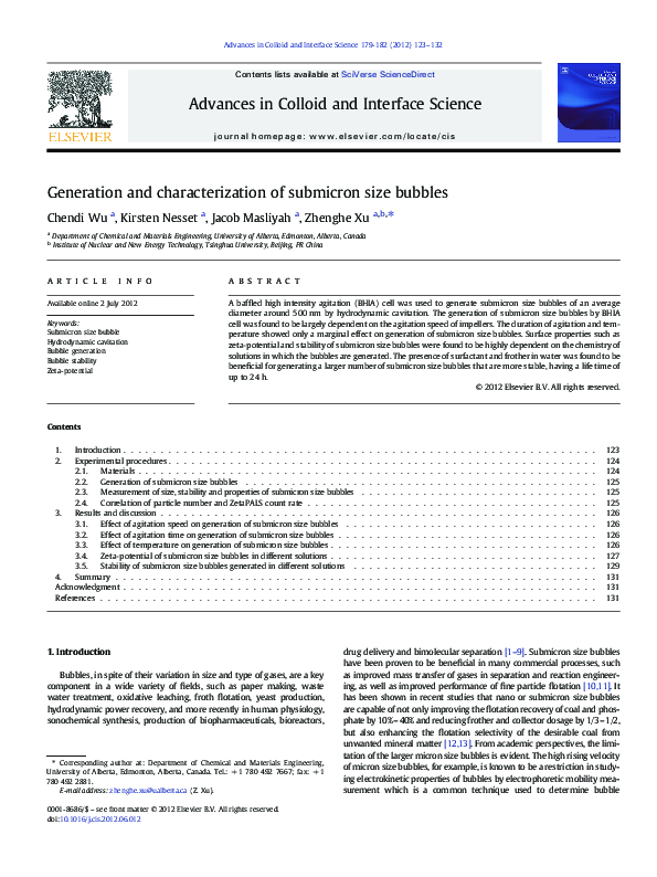 (PDF) Generation and characterization of submicron size bubbles