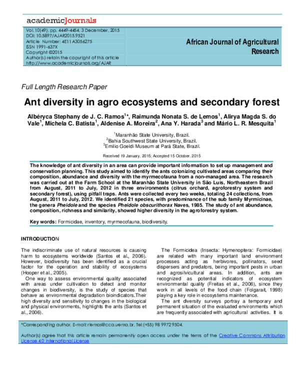 (PDF) Ant diversity in agro ecosystems and secondary forest