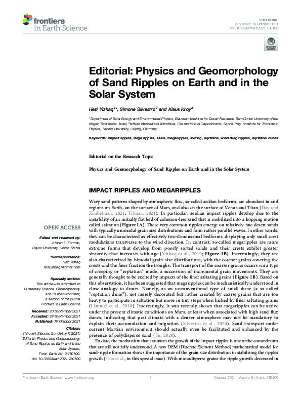 (PDF) Editorial: Physics and Geomorphology of Sand Ripples on Earth and ...