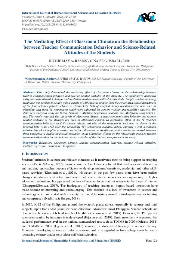(PDF) The Mediating Effect of Classroom Climate on the Relationship ...