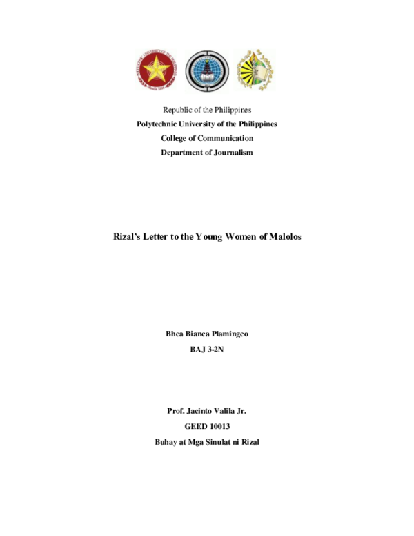 Letter To The Young Lady Of Malolos Summary (PDF) Rizal’s Letter to the Young Women of Malolos