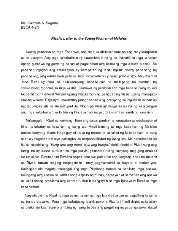 Letter To The Young Lady Of Malolos Summary (PDF) Rizal's Letter to the Young Women of Malolos