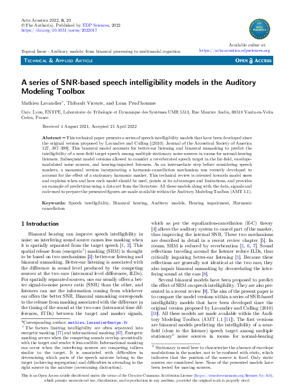 (PDF) A series of SNR-based speech intelligibility models in the ...