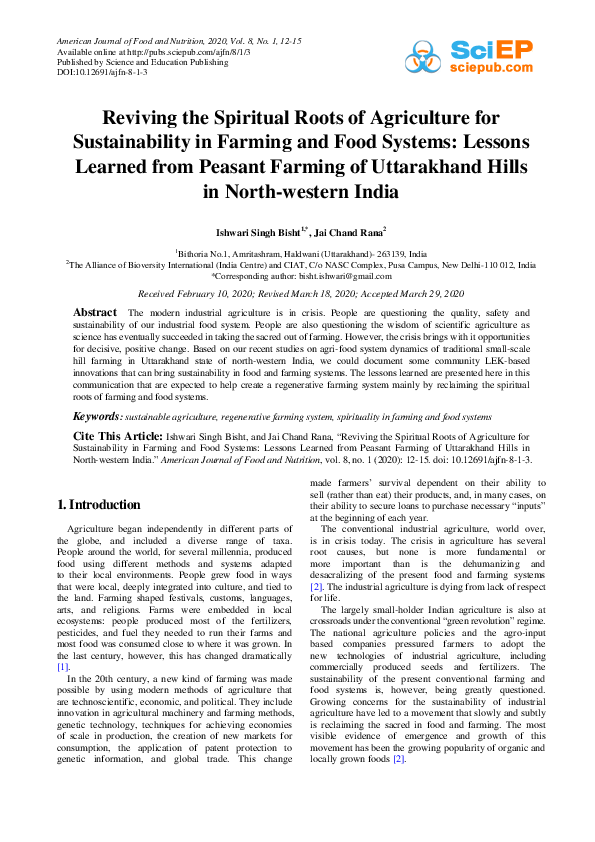 (PDF) Reviving the Spiritual Roots of Agriculture for Sustainability in ...