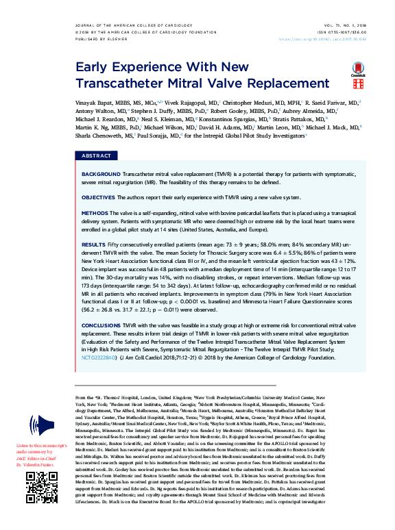 (PDF) Early Experience with New Transcatheter Mitral Valve Replacement