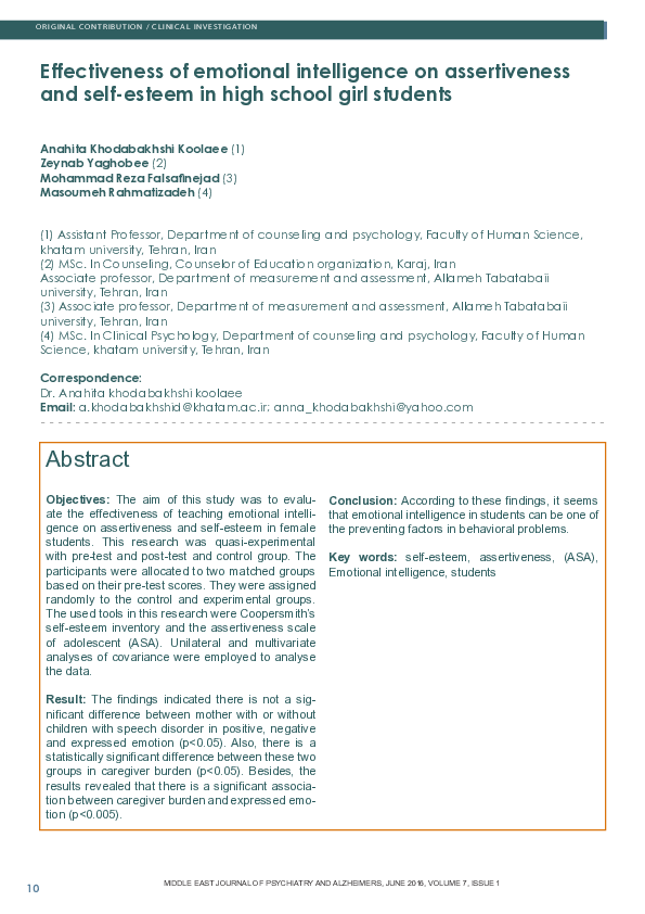 (PDF) Effectiveness of Emotional Intelligence on Assertiveness and Self ...