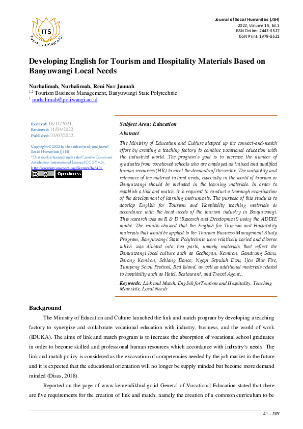 (PDF) Developing English for Tourism and Hospitality Materials based on ...
