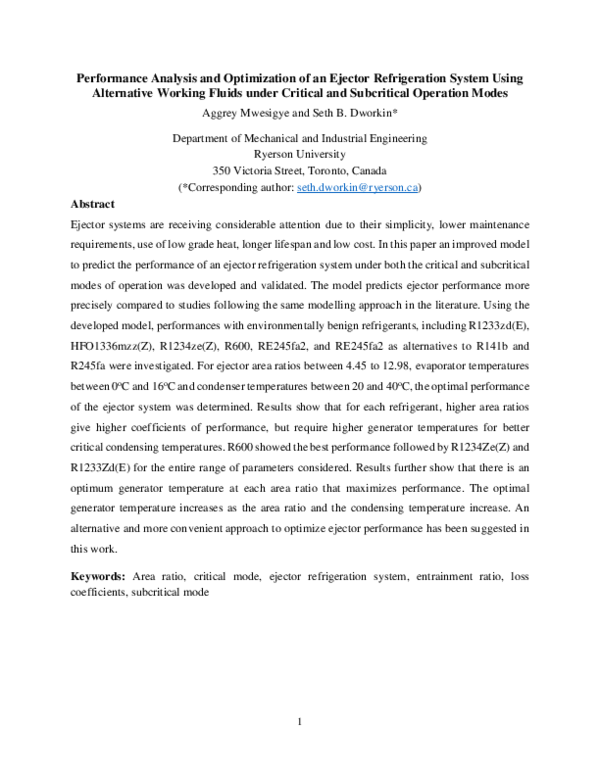 (PDF) Performance analysis and optimization of an ejector refrigeration ...